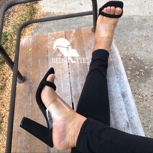 Black Vegan suede Clear PVC Strap Chunky Heels - Picture 3 of 6